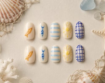 Handmade Coastal Summer Press On Nails, Mediterranean Fish Nails, Beach Vacation Mani