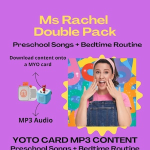 May include: A purple graphic with the text "Ms Rachel Double Pack" and "Preschool Songs + Bedtime Routine." Includes an image of a woman and a YOTO card MP3 content device. The text "Download content onto a MYO card" is also present.