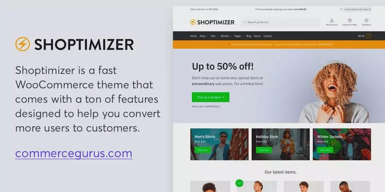 May include: A website homepage for Shoptimizer, a fast WooCommerce theme. The page features a banner with a woman and text that says "Up to 50% off!" Below are product category previews for Men's Shirts, Holiday Style, and Winter Jackets.