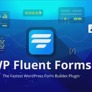 May include: A digital graphic with a blue background featuring various icons and the text "WP Fluent Forms". The text "The Fastest WordPress Form Builder Plugin" is also present. A central logo is a blue square with three white horizontal lines.