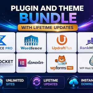 May include: A digital graphic promoting a plugin and theme bundle with lifetime updates. The image features logos for Kadence Pro, Wordfence, UpdraftPlus, RankMath SEO, WP Rocket, Elementor, wpforms Pro, and WP Mail SMTP Pro.