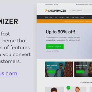 May include: A website homepage for Shoptimizer, a fast WooCommerce theme. The page features a banner with a woman and text that says "Up to 50% off!" and "Pick up a bargain". Below are product category previews.