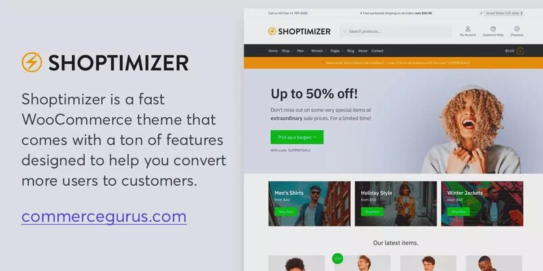 May include: A website homepage for Shoptimizer, a fast WooCommerce theme. The page features a banner with a woman and text that says "Up to 50% off!" and "Pick up a bargain". Below are product category previews.
