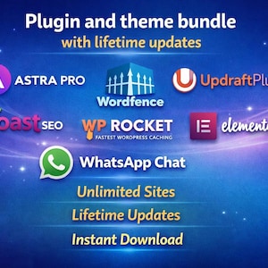 Peut inclure: Graphique numérique promouvant un pack de plugins et de thèmes avec mises à jour à vie. Logos d'Astra Pro, Wordfence, UpdraftPlus, Yoast SEO, WP Rocket, Elementor et WhatsApp Chat. Le texte comprend "Sites illimités" et "Téléchargement instantané."