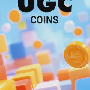 Könnte beinhalten: Eine digitale Illustration mit dem Text "UGC COINS" in Schwarz. Das Bild zeigt eine orangefarbene Münze und bunte geometrische Formen in Gelb, Orange, Blau und Lila vor einem hellblauen Hintergrund. Es gibt auch schwebende orangefarbene Kreise.
