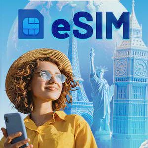Puede incluir: Una mujer con camisa amarilla y sombrero de paja sostiene un teléfono inteligente azul. La imagen presenta el texto "FRANCE eSim" con la Torre Eiffel, la Estatua de la Libertad y el Big Ben de fondo.