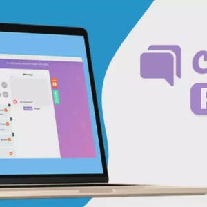 Könnte beinhalten: Ein Laptop zeigt die "chaty PRO"-Oberfläche, die eine Benutzeroberfläche mit farbigen Kreisen und Textfeldern zeigt. Das "chaty PRO"-Logo ist lila, mit dem ThemeForest-Logo unten rechts.