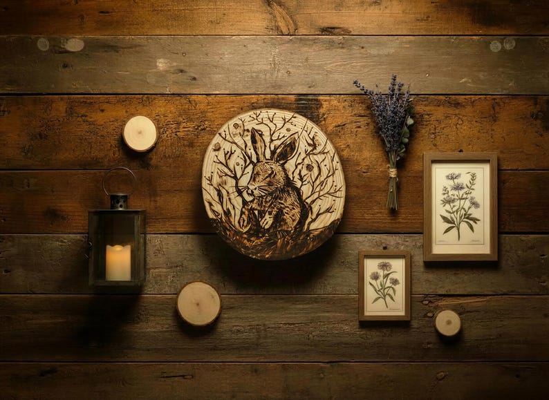 Handmade Wood Burned Rabbit Art on Wood Slice, Pyrography Decor, Nature ...