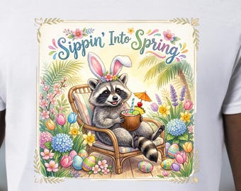 Mapache de Pascua PNG, Bebida tropical, Ambiente de vacaciones de primavera, Diseño animal floral en tonos pastel