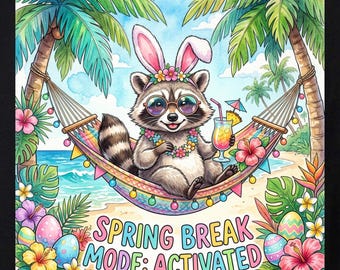 Mapache de vacaciones en la playa PNG, diseño tropical de primavera con conejito de Pascua