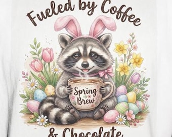 Mapache de Pascua PNG, diseño de café de primavera para amantes del café, imágenes prediseñadas de animales en tonos pastel