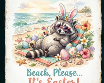 Mapache en la playa, Pascua PNG, Orejas de conejo, Bebida tropical, Diseño de vacaciones de primavera (Descarga digital)