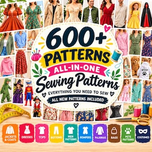 May include: A digital advertisement for 600+ sewing patterns featuring a central title, various clothing item photos, a yellow measuring tape, scissors, and colourful icons for jackets, dresses, tops, bottoms, rompers, pyjamas, bags, pets, and costumes.