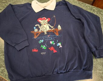 Sudadera vintage MORNING SUN con cuello falso para mujer, talla 2XL, azul, con estampado de gato, pez y gato de pesca.