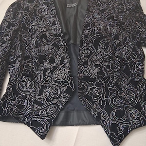 VTG Cachet by Bari Protas Cropped Sparkle Jacket Black Velvet Velour Sz L Bling