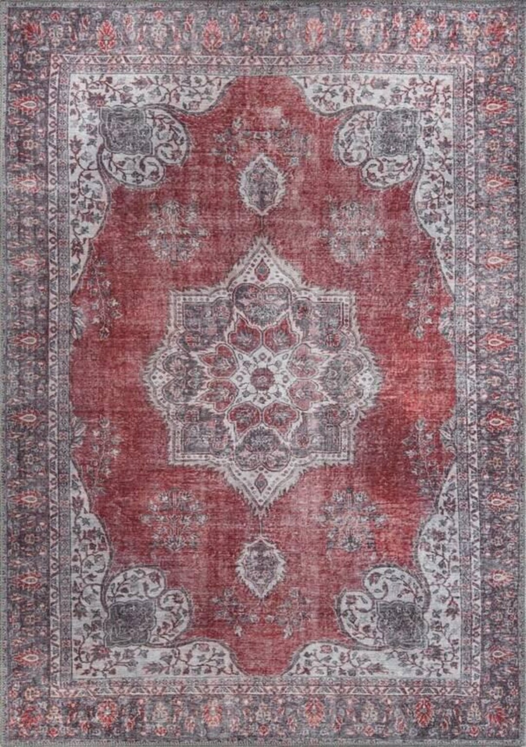 Vintage Red Gray Medallion Rug, Distressed Oriental Area Rug, Turkish ...