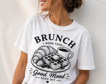 Brunch T-Shirt, Good Food Mood Shirt, Breakfast Lover Tee Food Graphic Coffee Croissant Cafe