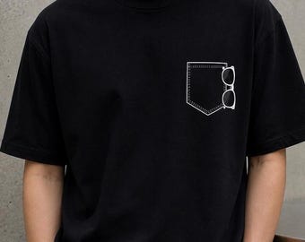 Minimal Pocket T-Shirt, Glasses Pocket Graphic Tee Small Chest Design Clean Simple Minimalist Streetwear