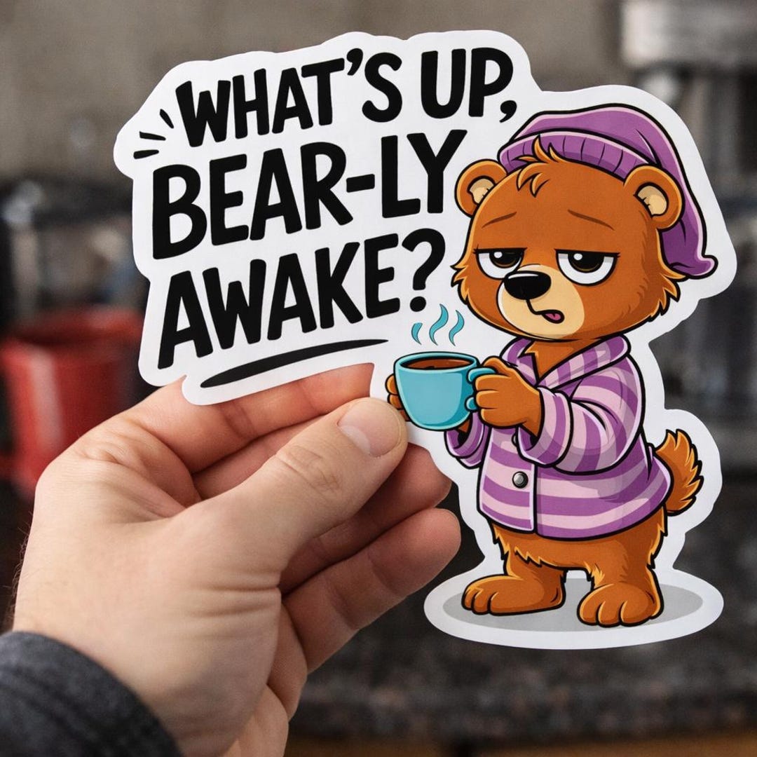 Funny Bear Coffee Sticker, Bearly Awake Morning Humor Vinyl Decal - Etsy