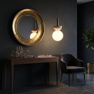 Travertine Stone Pendant Light, Wood Frosted Glass Globe, Wabi Sabi Japandi Ceiling Light