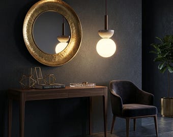 Lampada a sospensione in pietra di travertino, globo in vetro satinato e legno, lampada da soffitto in stile Wabi Sabi Japandi