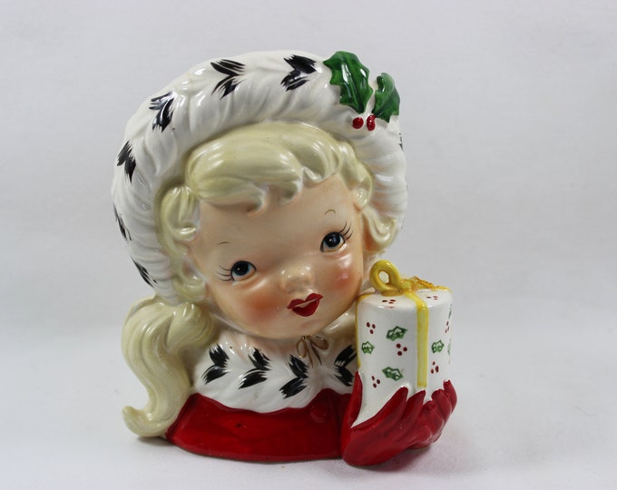 Vintage Napco Christmas Lady Head Vase Planter Shopper Girl With Gift