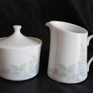 Corelle Veranda Covered Sugar Bowl and Creamer Pink Flowers Green Leaves