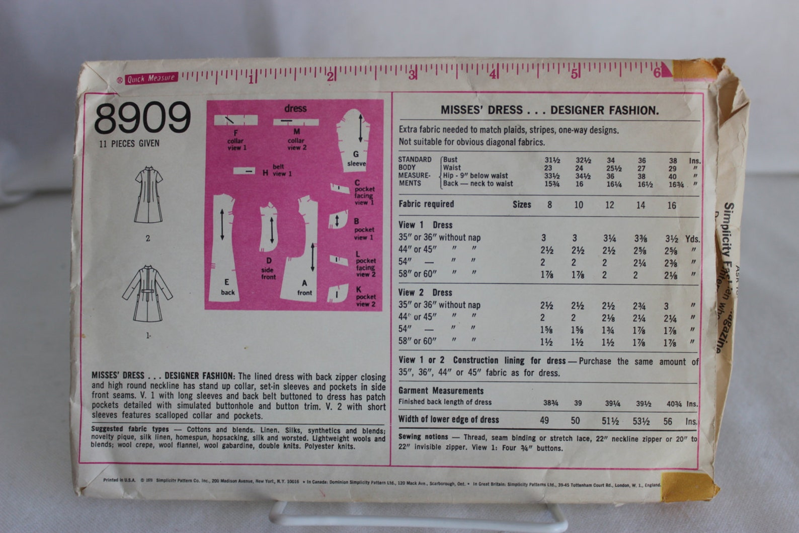 Vintage Simplicity Sewing Pattern 8909 Size 8 Uncut 1970 Mod | Etsy