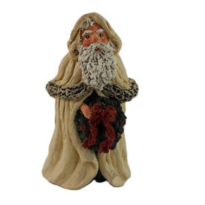 Vintage June McKenna 1988 Santa in White Coat with Wreath Figurine