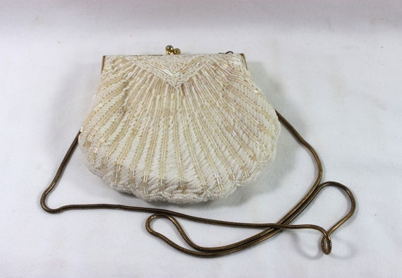 Vintage Lyrella White Clam Shell Beaded Evening Bag 
