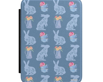 Funda para Kindle con estampado de conejito floral / Funda con estampado de conejito azul y flores