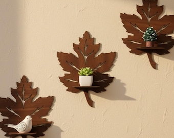 Juego de 3 estantes de pared con forma de hoja de arce, decoración de pared flotante de madera, estantes rústicos con forma de hoja, acento para el hogar estilo granja, estante de exhibición de pared hecho a mano