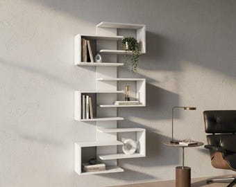 Lotus White Bookshelf: Modern Floating Geometric Wall Shelf