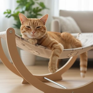 May include: An orange tabby cat lounging in a beige cat hammock. The hammock is suspended by a light wood frame. The cat is resting its paws on the hammock and appears relaxed. The hammock has a pattern of cat faces.
