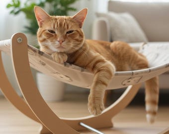 Modern Wooden Cat Hammock Bed, Elevated Cat Lounge, Minimalist Pet Furniture, Indoor Kitty Bed, Scandinavian Style