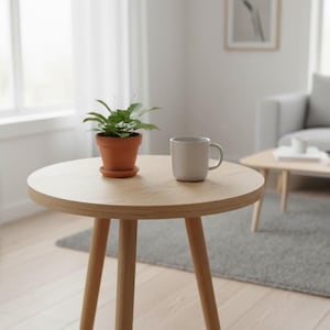May include: A small, round wooden side table with three legs. A potted plant in a terracotta pot and a gray mug sit on the table. The table is in a room with a window and a gray rug.