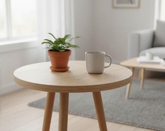 Mesita auxiliar escandinava: Madera minimalista, diseño redondo - Tamaño compacto