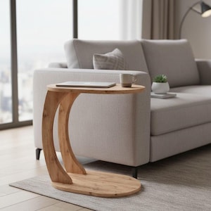Puede incluir: Una mesa auxiliar de madera marrón claro con un diseño de pata curvada. La mesa tiene una parte superior redonda y una base ovalada. Una computadora portátil y una taza están en la mesa. La mesa está al lado de un sofá gris.