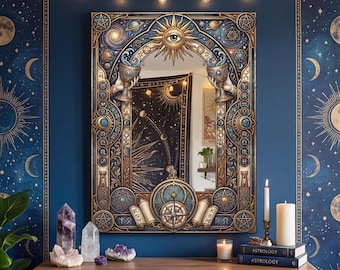 Espejo de tarot astrológico, marco del zodíaco celestial, luna y estrellas, decoración de pared, estilo boho espiritual, arte en espejo acrílico