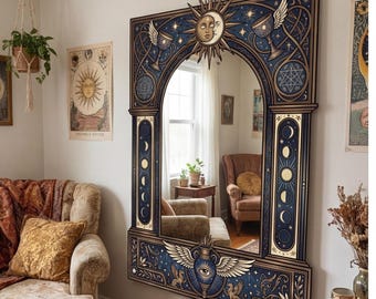 Espejo de pared con diseño de tarot y zodíaco, espejo de astrología celestial, decoración mística del sol y la luna, decoración espiritual para el hogar, espejo de pared estilo boho.
