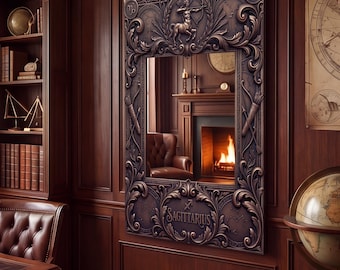 Lustro z ramą ze znakiem zodiaku Strzelca, lustro ścienne z astrologią, luksusowy wystrój w stylu vintage, lustro ze znakiem łucznika, sztuka ścienna z horoskopem