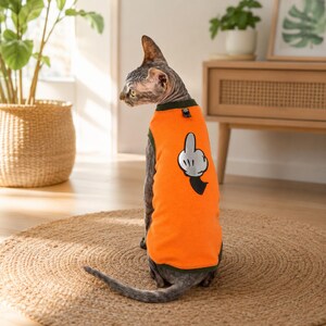 May include: A sleeveless orange pet shirt with dark green trim around the neck and arm openings. The back of the shirt features a graphic print of a white cartoon-style gloved hand with the middle finger extended, outlined in black.