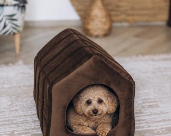 Cuccia per animali domestici in velluto marrone per cani di piccola taglia, morbida cuccia per gatti da interno, accogliente cuccia per cuccioli, mobile moderno per animali domestici, regalo per animali domestici