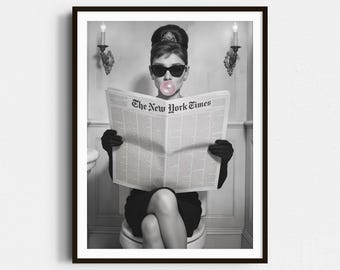 Audrey Hepburn Reading Newspaper Toilet Print, Retro Chic Bathroom Wall Art, Humor Bar Cart Decor - Black & White Poster