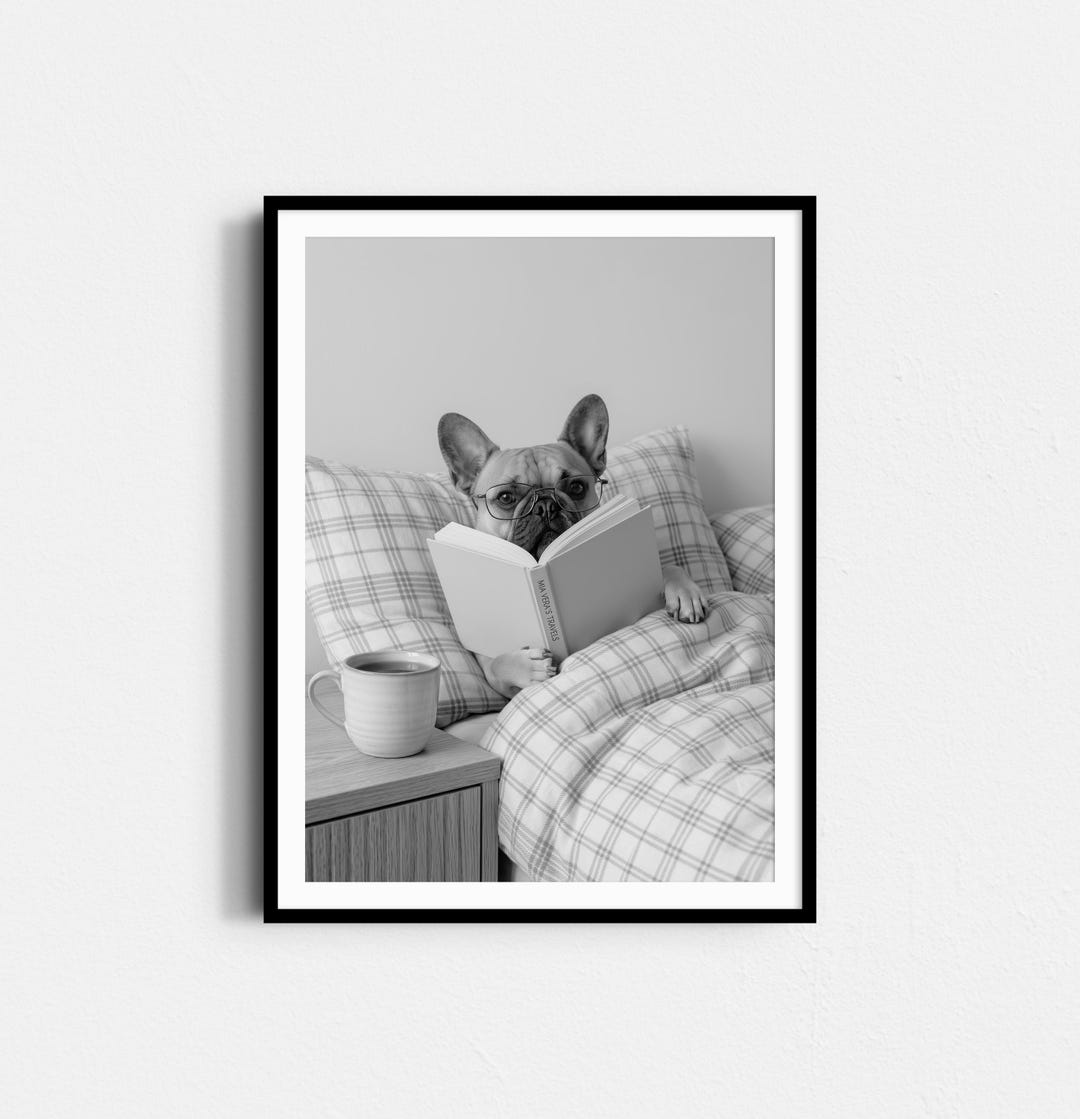 French Bulldog Reading Print, Funny Dog Coffee Wall Art, Frenchie Book ...