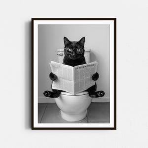 May include: Black and white framed print featuring a black cat wearing glasses and reading a newspaper titled "The Purrington Post" while sitting on a toilet. The image is a humorous take on a cat's daily routine.