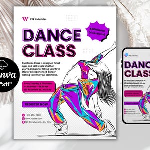 May include: A flyer and mobile phone display for a dance class featuring the text DANCE CLASS, XYZ Industries, and registration details. The graphic shows a stylized illustration of a person dancing in colorful, abstract patterned clothing.