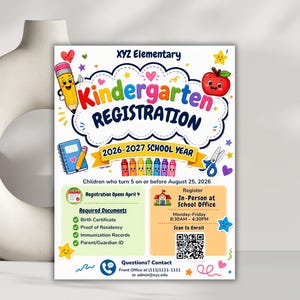 Pre-K Registration Flyer Template, Preschool Enrollment Poster, Daycare Open House Leaflet, Editable School Admission Flyer,Digital Download editable flyer,preschool enroll,pre k enrollment,pre k flyer,prek registration,canva school flyer,early learning,school printable,school template,preschool flyer,registration sign,enrollment poster,daycare flyer Kindergarten Enrollment Flyer: Editable School Template (CANVA Template). Meet the Teacher Kindergarten Enrollment Registration Flyer, Editable