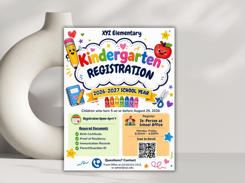 Pre-K Registration Flyer Template, Preschool Enrollment Poster, Daycare Open House Leaflet, Editable School Admission Flyer,Digital Download editable flyer,preschool enroll,pre k enrollment,pre k flyer,prek registration,canva school flyer,early learning,school printable,school template,preschool flyer,registration sign,enrollment poster,daycare flyer Kindergarten Enrollment Flyer: Editable School Template (CANVA Template). Meet the Teacher Kindergarten Enrollment Registration Flyer, Editable