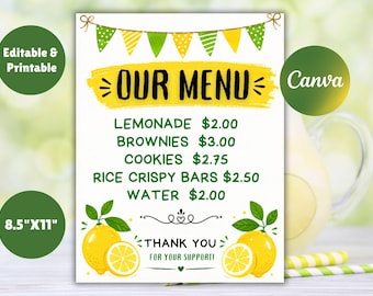 Editable Lemonade Stand Menu Printable, Kids Lemonade Pricing Sign, Canva